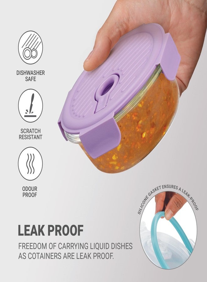 تريو حاويات زجاجية دائرية من البوروسيليكات من تريو باي ميلتون لومينو فريش، سعة 400 مل، للاستخدام في المطبخ | آمنة للاستخدام في الميكروويف | مانعة للتسرب مع غطاء مزود بفتحة تهوية | 400 مل، طقم من قطعة واحدة، لون بنفسجي - Image 4